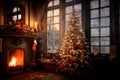 The interior of a country house with a fireplace decorated with a Christmas tree on the eve of the holiday Royalty Free Stock Photo