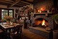 interior of a country house with a fireplace and wooden furniture, A cozy country kitchen with a warm, inviting fireplace, AI Royalty Free Stock Photo