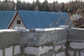 interior of a country house under construction. Site on which the walls are built of gas concrete blocks with wooden formwork Royalty Free Stock Photo