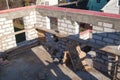 interior of a country house under construction. Site on which the walls are built of gas concrete blocks with wooden formwork Royalty Free Stock Photo