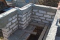 interior of a country house under construction. Site on which the walls are built of gas concrete blocks with wooden formwork Royalty Free Stock Photo