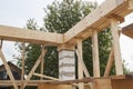 interior of a country house under construction. Site on which the walls are built of gas concrete blocks with wooden formwork Royalty Free Stock Photo