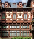 Interior courtyard wall at the Peles Castle in a close view of the facade