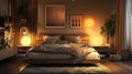 Interior of cozy bedroom at night, room with bed, lamps and wood furniture. Brown design, lights and posters. Theme of style, home