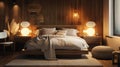 Interior of cozy bedroom at night, room with bed, lamps and wood furniture. Brown design, lights and posters. Theme of style, home