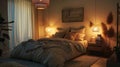 Interior of cozy bedroom at night, room with bed, lamps and wood furniture. Brown rustic design with lights and posters. Theme of Royalty Free Stock Photo