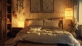 Interior of cozy bedroom at night, room with bed, lamps and wood furniture. Light brown rustic design with posters on wall. Theme Royalty Free Stock Photo