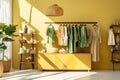 Interior of a cozy bright boutique of women's clothing and accessories. Beautiful women's wardrobe. Collection