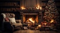 Interior of cozy classic living room with Christmas decor. Blazing fireplace, garlands and burning candles, elegant Royalty Free Stock Photo