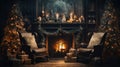 Interior of cozy classic living room with Christmas decor. Blazing fireplace, garlands and burning candles, elegant Royalty Free Stock Photo