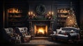 Interior of cozy classic living room with Christmas decor. Blazing fireplace, wreath, garlands and burning candles Royalty Free Stock Photo