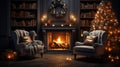 Interior of cozy classic living room with Christmas decoration. Blazing fireplace, wreath, garlands and burning candles