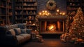 Interior of cozy classic living room with Christmas decoration. Blazing fireplace, wreath, garlands and burning candles