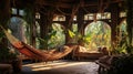 Interior of a cozy eco-house with green plants and hammocks. The concept of rest and relaxation on vacation or remote