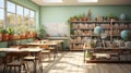 Interior of cozy empty classroom. Light green walls, white chalkboard, wooden floor, wooden desks, many shelves with