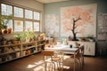 Interior of cozy empty classroom in an old country building. White walls, white chalkboard, wooden floor and ceiling