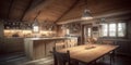 Interior of cozy kitchen in modern Swiss chalet