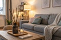 Cozy living room with grey sofa and reed diffuser Royalty Free Stock Photo