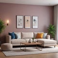 Interior of cozy living room with grey sofa and reed diffuser on coffee table Royalty Free Stock Photo