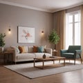 Interior of cozy living room with grey sofa and reed diffuser on coffee table Royalty Free Stock Photo