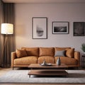 Interior of cozy living room with grey sofa and reed diffuser on coffee table Royalty Free Stock Photo