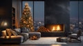 Interior of cozy living room in modern minimalist apartment with Christmas decor. Blazing fireplace and firewood Royalty Free Stock Photo