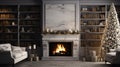 Interior of cozy living room in modern minimalist apartment or cottage with Christmas decor. Blazing fireplace Royalty Free Stock Photo