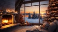 Interior of cozy living room in rustic chalet with Christmas decor. Blazing fireplace, garlands and burning candles Royalty Free Stock Photo