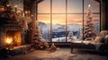 Interior of cozy living room in rustic chalet with Christmas decor. Blazing fireplace, garlands and burning candles Royalty Free Stock Photo