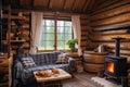 interior of cozy log cabin with rustic decor Royalty Free Stock Photo