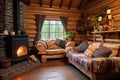 interior of cozy log cabin with rustic decor Royalty Free Stock Photo