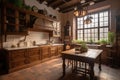 Interior of a cozy and modern kitchen in a country house. Colonial style Royalty Free Stock Photo