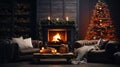 Interior of cozy modern living room with Christmas decor. Blazing fireplace, garlands and burning candles, elegant Royalty Free Stock Photo