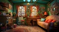 Interior of a cozy room in kitsch style