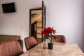 Interior of a cozy sitting room, a flowering plant on a table with chairs around it