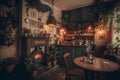 Interior of a cozy vintage bar with tables and chairs. Retro style.