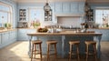 Interior of cozy vintage country style kitchen with kitchen island. Wooden countertops, light blue facades, glass Royalty Free Stock Photo