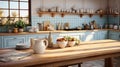 Interior of cozy vintage kitchen country style. Wooden dining table and chairs, light blue furniture, open shelves with