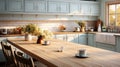 Interior of cozy vintage kitchen country style. Wooden dining table and chairs, light blue furniture, white tile