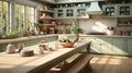 Interior of cozy vintage kitchen country style. Wooden dining table and chairs, light green furniture, glass cabinets