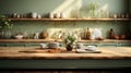 Interior of cozy vintage kitchen country style. Wooden dining table and chairs, light green furniture, open shelves with