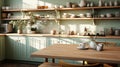 Interior of cozy vintage kitchen country style. Wooden dining table and chairs, light green furniture, open shelves with