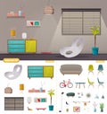 Interior creator. Living room or office. Cartoon vector illustration