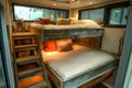 Interior of a cruise ship with a double bed and bunk beds Royalty Free Stock Photo