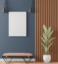Interior with dark green wall wooden ,lamp, frame for mock up