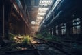 The interior of a dark large derelict deserted old factory with light from the windows reflected on the wet floor created by