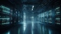 Interior of Data Center with multiple rows of server racks. Cloud computing, artificial neural intelligence, database, super