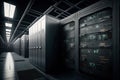 Interior of data center server room at night illuminated by white lights. Network and internet communication technology concept. Royalty Free Stock Photo