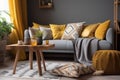 interior decor sofa house home cushion pillow couch grey modern yellow. Generative AI.
