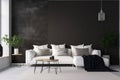 interior comfortable grey pillow sofa modern white trendy home decoration. Generative AI. Royalty Free Stock Photo